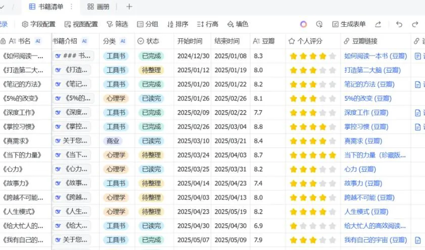 数据集中管理:书籍清单、状态与评分一览